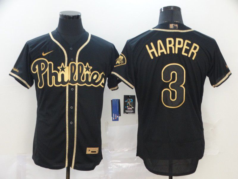 Men Philadelphia Phillies #3 Harper Black Retro gold character Nike MLB Jerseys->women mlb jersey->Women Jersey